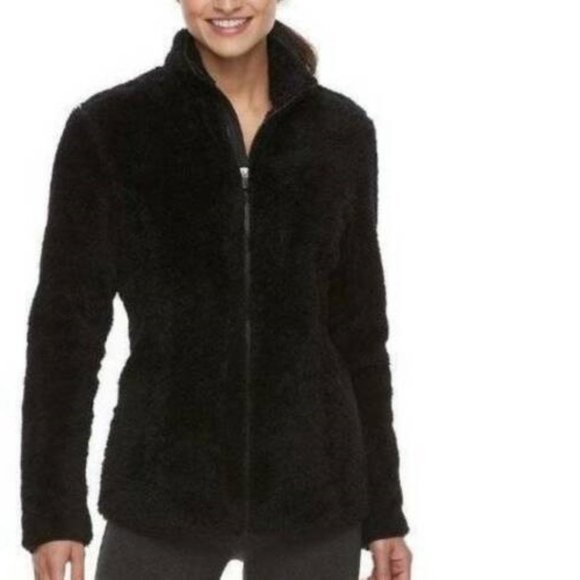 Womens Sherpa Fleece Jacket Fila Sport Large Black Zip Front Moisture Wicking - Picture 1 of 6